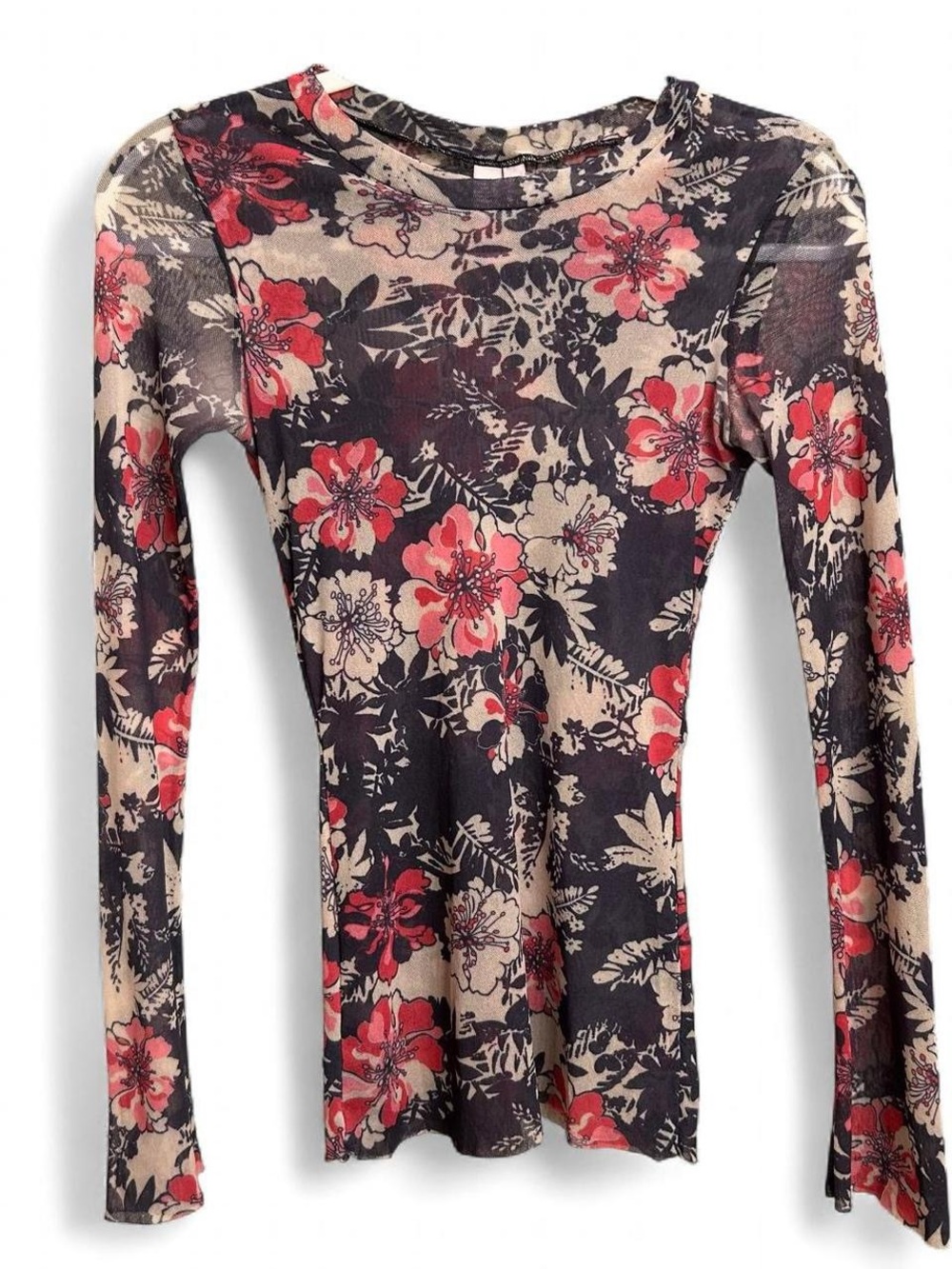 Vintage Y2K Sweet Pea Brown Cream Pink Floral Mesh Long Sleeve Top